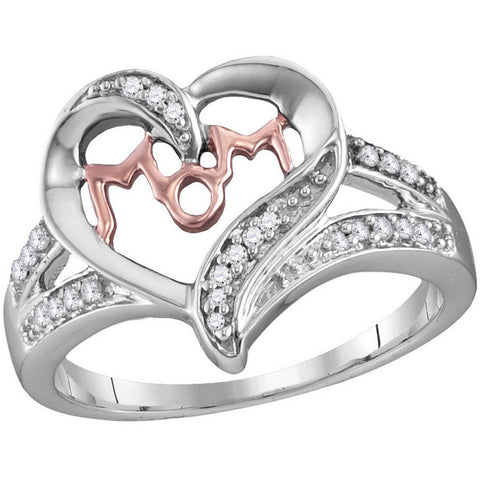 Sterling Silver Womens Round Diamond Heart Love Mom 2-tone Ring 1/10 Cttw 107718 - shirin-diamonds