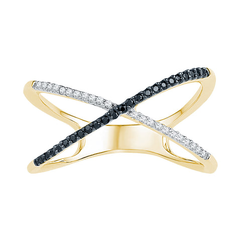 10kt Yellow Gold Womens Round Black Colored Diamond Crossover Band Ring 1/6 Cttw 108786 - shirin-diamonds