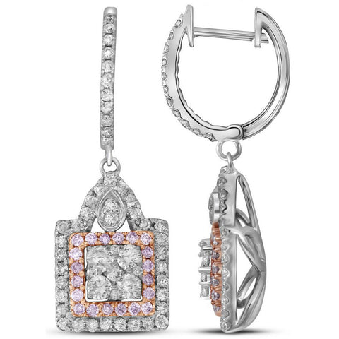 14kt White Gold Womens Round Pink Diamond Square Cluster Dangle Earrings 1.00 Cttw 109393 - shirin-diamonds