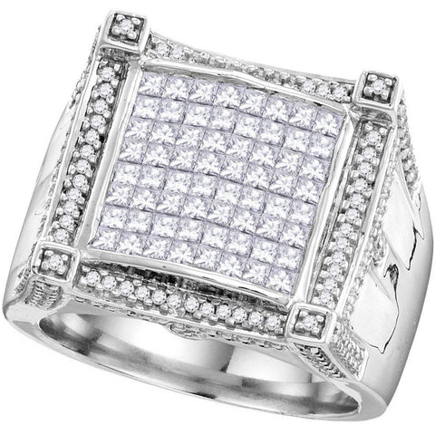 10kt White Gold Mens Princess Diamond Symmetrical Square Cluster Ring 1-7/8 Cttw 109802 - shirin-diamonds
