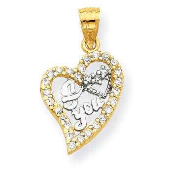 10k & Rhodium I Love You CZ Heart Pendant 10C950 - shirin-diamonds