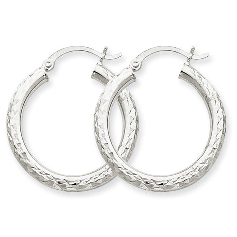10k White Gold Diamond-cut 3mm Round Hoop Earrings 10TC253 - shirin-diamonds