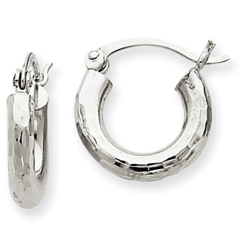 10k White Gold Diamond-cut 3mm Round Hoop Earrings 10TC256 - shirin-diamonds