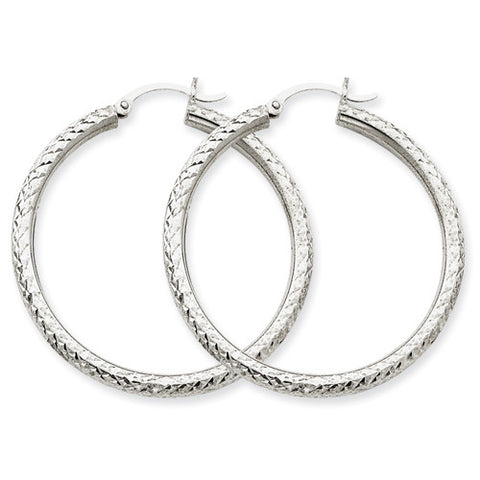 10k White Gold Diamond-cut 3mm Round Hoop Earrings 10TC257 - shirin-diamonds