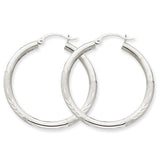 10k White Gold Satin & Diamond-cut 3mm Round Hoop Earrings 10TC275 - shirin-diamonds