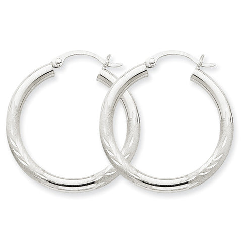 10k White Gold Satin & Diamond-cut 3mm Round Hoop Earrings 10TC276 - shirin-diamonds