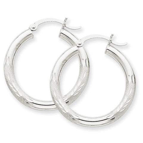 10k White Gold Satin & Diamond-cut 3mm Round Hoop Earrings 10TC277 - shirin-diamonds