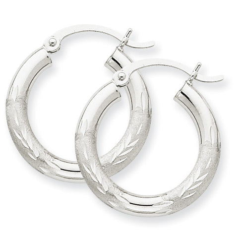 10k White Gold Satin & Diamond-cut 3mm Round Hoop Earrings 10TC278 - shirin-diamonds