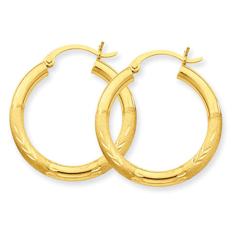 10k Satin & Diamond-cut 3mm Round Hoop Earrings 10TC289 - shirin-diamonds
