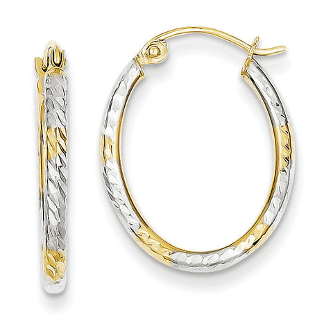 10K & Rhodium Diamond Cut Patterned Oval Hoop Earrings 10TC371 - shirin-diamonds