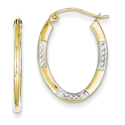 10K & Rhodium Diamond Cut Oval Hoop Earrings 10TC372 - shirin-diamonds