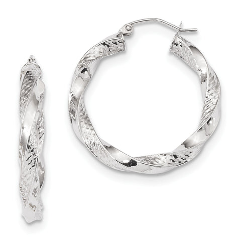 10K White Gold Polished & Textured Twist Hoop Earrings 10TC403W - shirin-diamonds
