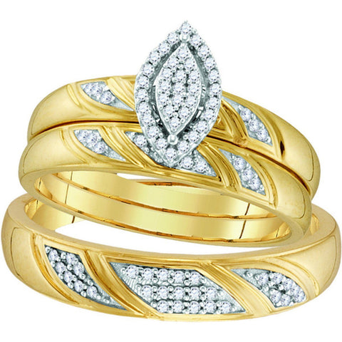 10k Yellow Gold Diamond His & Hers Matching Trio Wedding Engagement Bridal Ring Set 1/4 Ctw 110352 - shirin-diamonds