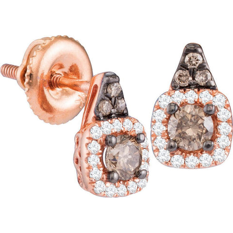 14kt Rose Gold Womens Round Cognac-brown Colored Diamond Solitaire Square Frame Earrings 3/8 Cttw 110653 - shirin-diamonds