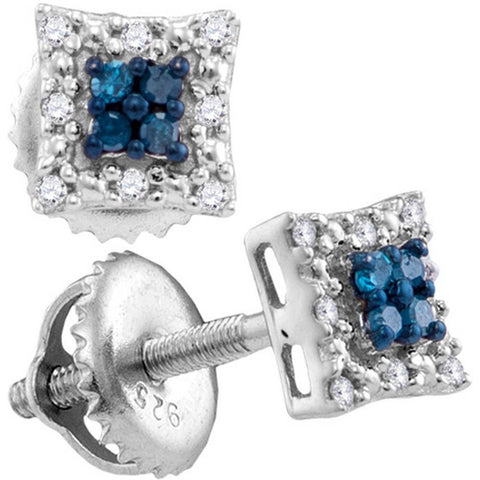 Sterling Silver Womens Round Blue Colored Diamond Square Cluster Screwback Earrings 1/10 Cttw 110713 - shirin-diamonds