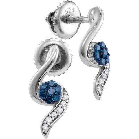 Sterling Silver Womens Round Blue Colored Diamond Cluster Stud Earrings 1/5 Cttw 110714 - shirin-diamonds