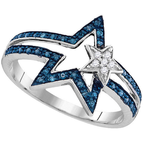 Sterling Silver Womens Round Blue Colored Diamond Double Star Ring 1/6 Cttw 110756 - shirin-diamonds