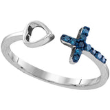Sterling Silver Womens Round Blue Colored Diamond Cross Heart Bisected Band Ring 1/10 Cttw 110775 - shirin-diamonds