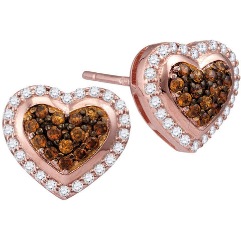 10kt Rose Gold Womens Round Cognac-brown Colored Diamond Heart Cluster Screwback Earrings 1/2 Cttw 113090 - shirin-diamonds