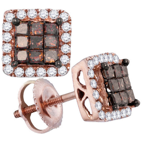 10kt Rose Gold Womens Princess Red Colored Diamond Square Cluster Earrings 3/4 Cttw 113109 - shirin-diamonds