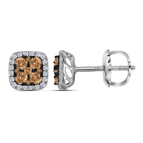 14kt White Gold Womens Round Cognac-brown Colored Diamond Square Cluster Earrings 1.00 Cttw 113287 - shirin-diamonds