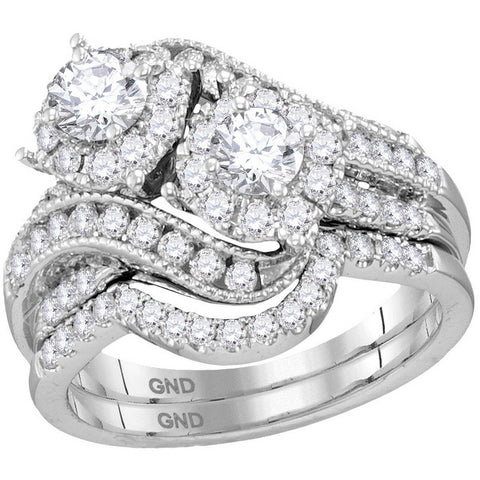 14kt White Gold Womens Round Diamond 2-Stone Halo Bridal Wedding Engagement Ring Band Set 1-1/2 Cttw (Certified) 113569 - shirin-diamonds