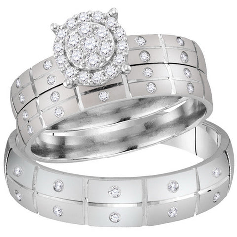 14kt White Gold His & Hers Round Diamond Cluster Matching Bridal Wedding Ring Band Set 1/3 Cttw 113867 - shirin-diamonds