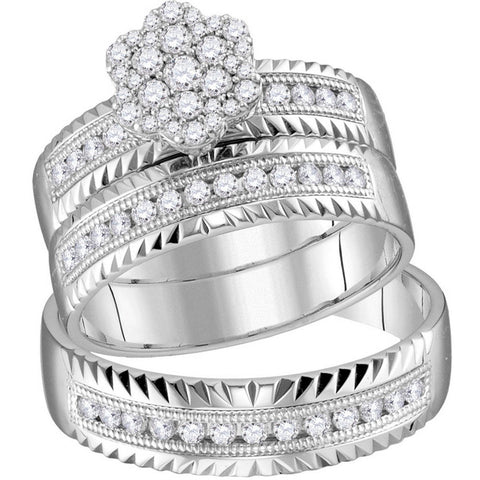 14kt White Gold His & Hers Round Diamond Cluster Faceted Matching Bridal Wedding Ring Band Set 3/4 Cttw 113925 - shirin-diamonds