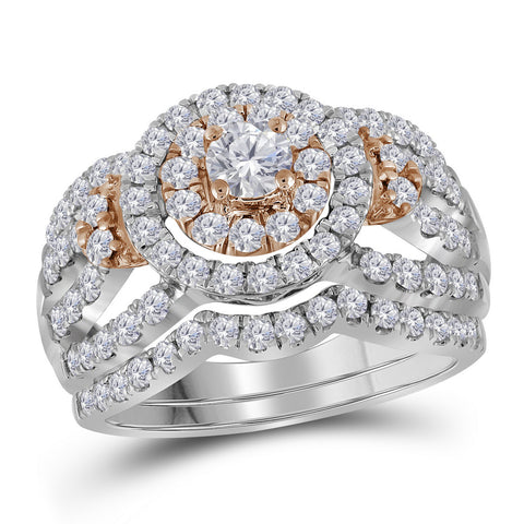 14kt White Rose 2-tone Gold Womens Round Diamond Halo Bridal Wedding Engagement Ring Band Set 1-1/2 Cttw 113995 - shirin-diamonds