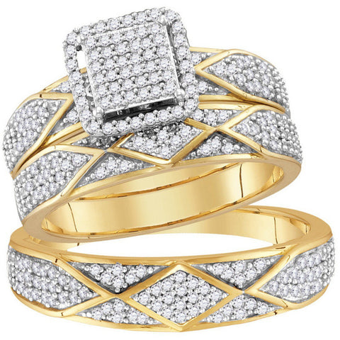 10kt Yellow Gold His & Hers Round Diamond Cluster Matching Bridal Wedding Ring Band Set 3/4 Cttw 114214 - shirin-diamonds
