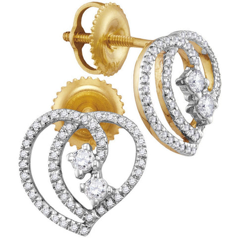 10kt Yellow Gold Womens Round Diamond 2-stone Heart Earrings 1/4 Cttw 114341 - shirin-diamonds