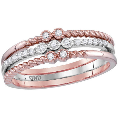 10kt Rose & White Gold Womens Round Diamond Milgrain Stackable 3-Piece Band Ring 1/8 Cttw 114458 - shirin-diamonds