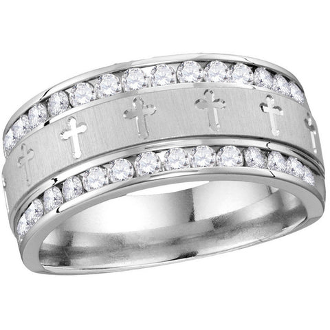 14k White Gold Mens Round Diamond Grecco Christian Cross Wedding Anniversary Band Ring 1.00 Cttw 114561 - shirin-diamonds