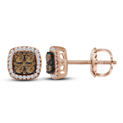 10kt Rose Gold Womens Round Cognac-brown Colored Diamond Square Cluster Earrings 1/2 Cttw 114643 - shirin-diamonds