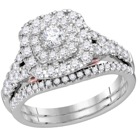 14kt White Gold Womens Round Diamond Double Square Halo Bridal Wedding Engagement Ring Band Set 1.00 Cttw 114794 - shirin-diamonds