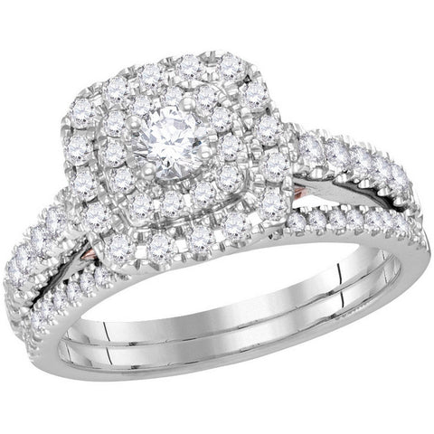 14kt White Gold Womens Round Diamond Double Square Halo Bridal Wedding Engagement Ring Band Set 1.00 Cttw 114800 - shirin-diamonds