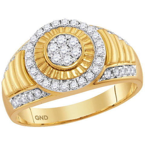 10kt Yellow Gold Mens Round Diamond Cluster Concentric Circle Ribbed Ring 3/4 Cttw 114951 - shirin-diamonds
