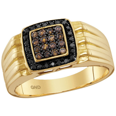 10kt Yellow Gold Mens Round Cognac-brown Black Colored Diamond Square Cluster Band Ring 3/8 Cttw 115011 - shirin-diamonds