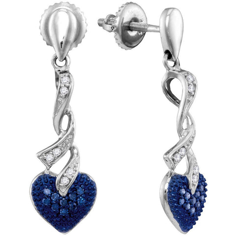 Sterling Silver Womens Round Blue Colored Diamond Heart Love Screwback Dangle Earrings 1/5 Cttw 115032 - shirin-diamonds