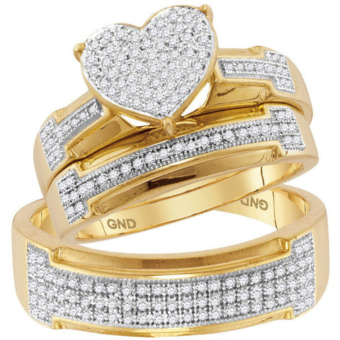 10kt Yellow Gold His & Hers Round Diamond Heart Cluster Matching Bridal Wedding Ring Band Set 1/2 Cttw 115152 - shirin-diamonds