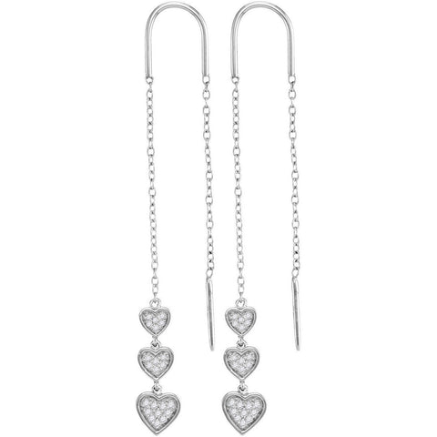 10kt White Gold Womens Round Diamond Triple Dangling Heart Threader Earrings 1/5 Cttw 116094 - shirin-diamonds