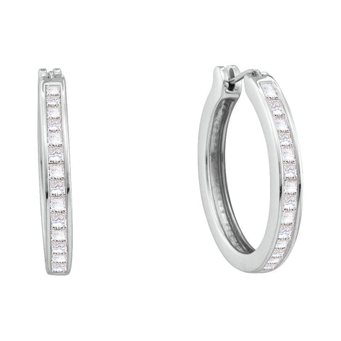 14kt White Gold Womens Princess Diamond Single Row Hoop Earrings 1.00 Cttw 15396 - shirin-diamonds