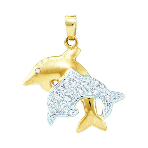 10kt Yellow Gold Womens Round Diamond Double Dolphin Fish Animal Pendant 1/8 Cttw 15403 - shirin-diamonds