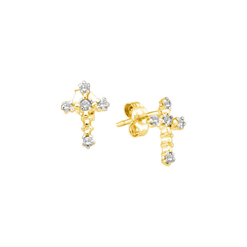 14kt Yellow Gold Womens Round Diamond Cross Faith Earrings 1/20 Cttw 20923 - shirin-diamonds