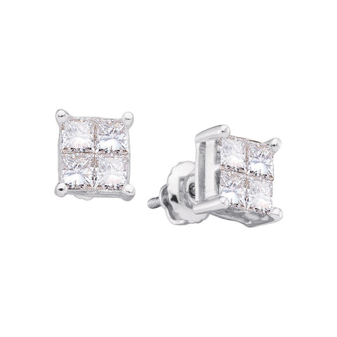 14kt White Gold Womens Princess Diamond Square Cluster Screwback Stud Earrings 1/3 Cttw 26975 - shirin-diamonds