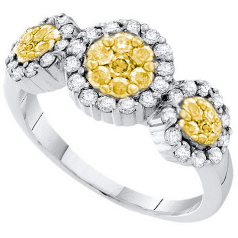 14kt White Gold Womens Round Yellow Colored Diamond Triple Flower Cluster Ring 1/2 Cttw 34316 - shirin-diamonds