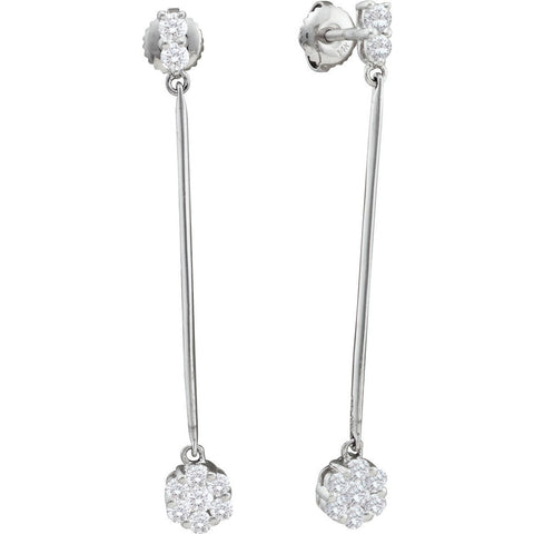 14kt White Gold Womens Round Diamond Slender Flower Cluster Dangle Earrings 1/2 Cttw 39085 - shirin-diamonds