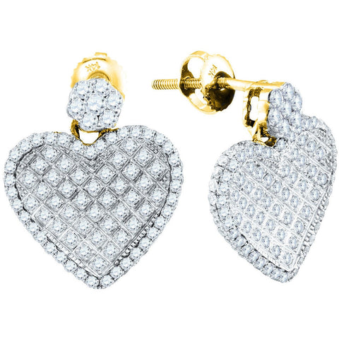 14kt Yellow Gold Womens Round Diamond Dangle Heart Cluster Screwback Earrings 1-1/4 Cttw 39879 - shirin-diamonds