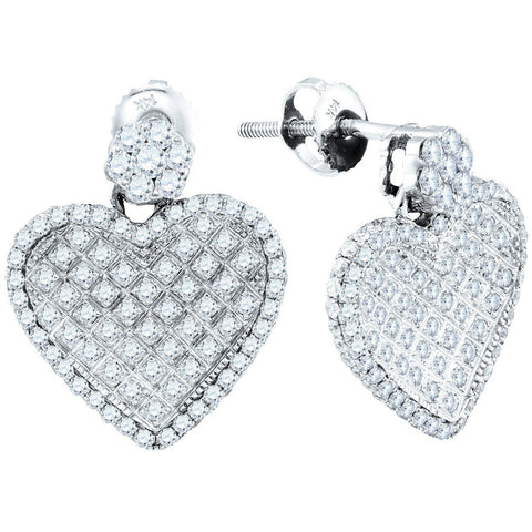 14kt White Gold Womens Round Diamond Dangle Heart Cluster Screwback Earrings 1-1/4 Cttw 39880 - shirin-diamonds