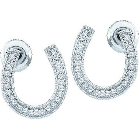 10k White Gold Diamond Womens Horseshoe Lucky Screwback Stud Earrings 1/6 Ctw 41236 - shirin-diamonds